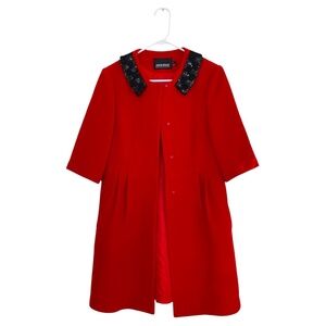 Hengze Wool Blend Coat with Unique Collar and 3/4 Sleeve Length. Red. Size: L